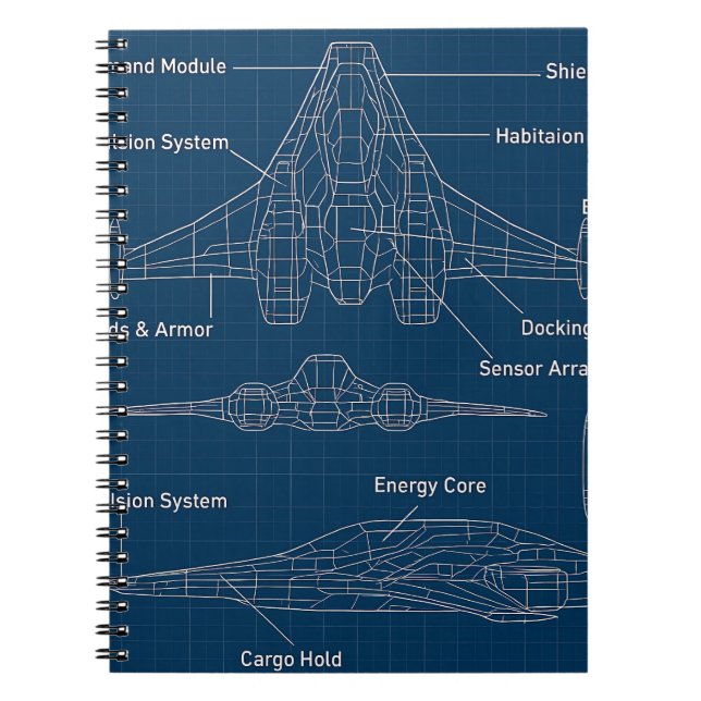 "Futuristic Spacecraft Blueprint Art" Notebook (Front)