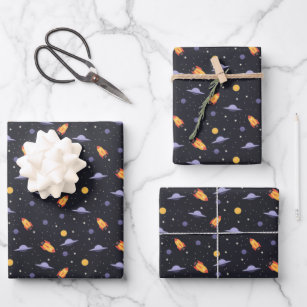 Futuristic Spaceship, Ufo, and Planet in Galaxy Wrapping Paper Sheet