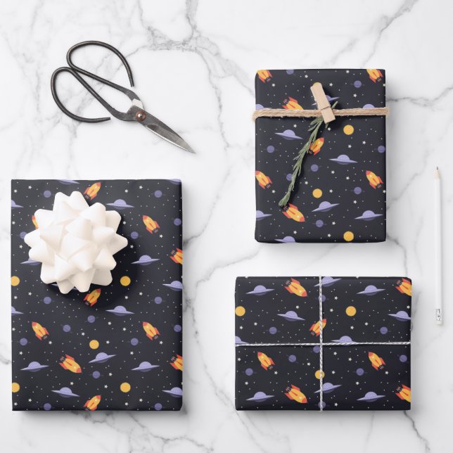 Futuristic Spaceship, Ufo, and Planet in Galaxy Wrapping Paper Sheet (Front)