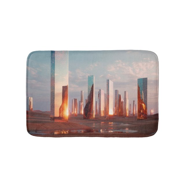 Futuristic Surreal Mirror Towers In Desert Bath Mat (Front)
