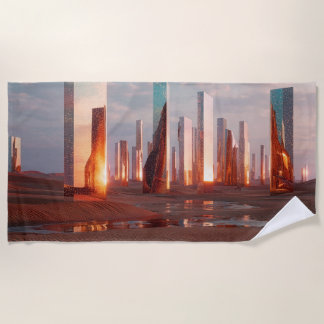 Futuristic Surreal Mirror Towers In Desert Beach Towel
