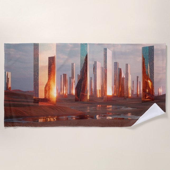 Futuristic Surreal Mirror Towers In Desert Beach Towel (Front)
