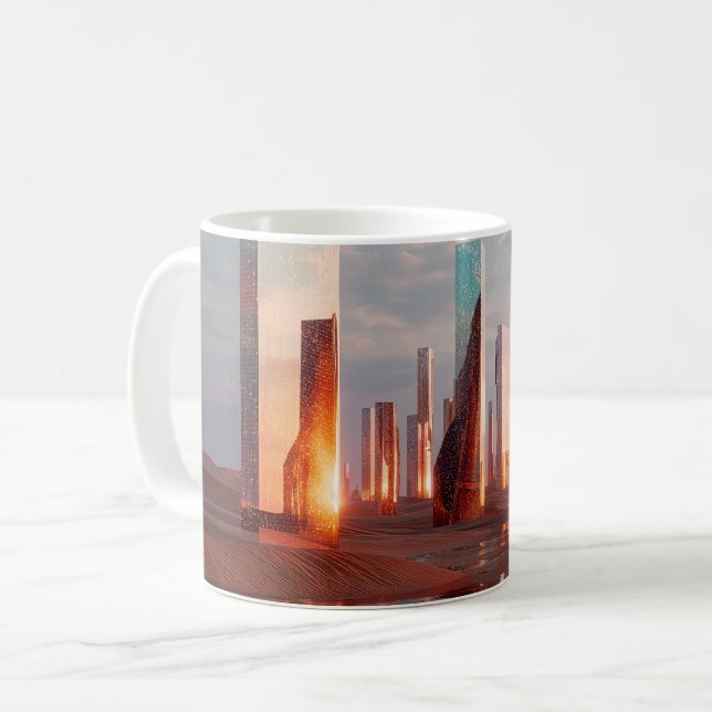 Futuristic Surreal Mirror Towers In Desert Coffee Mug (Front Left)