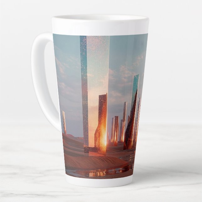 Futuristic Surreal Mirror Towers In Desert Latte Mug (Left Angle)