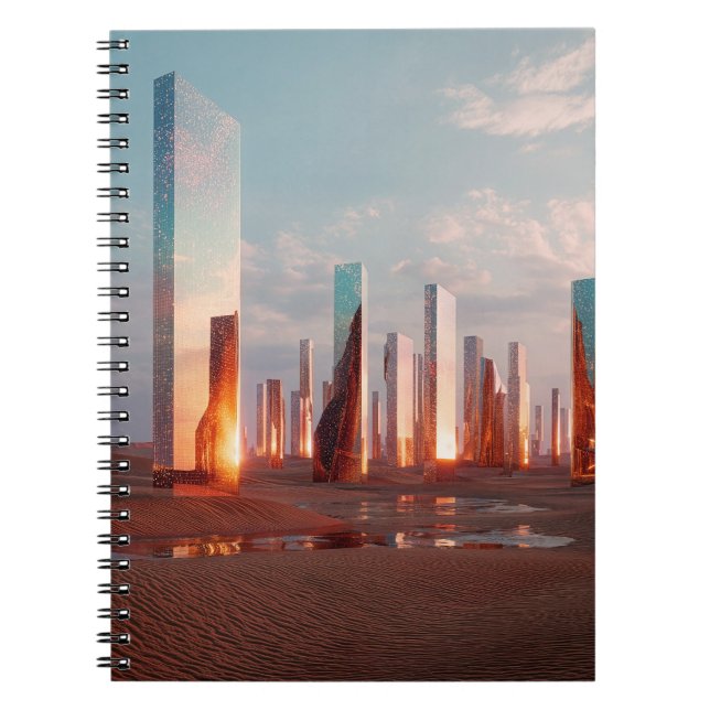 Futuristic Surreal Mirror Towers In Desert Notebook (Front)