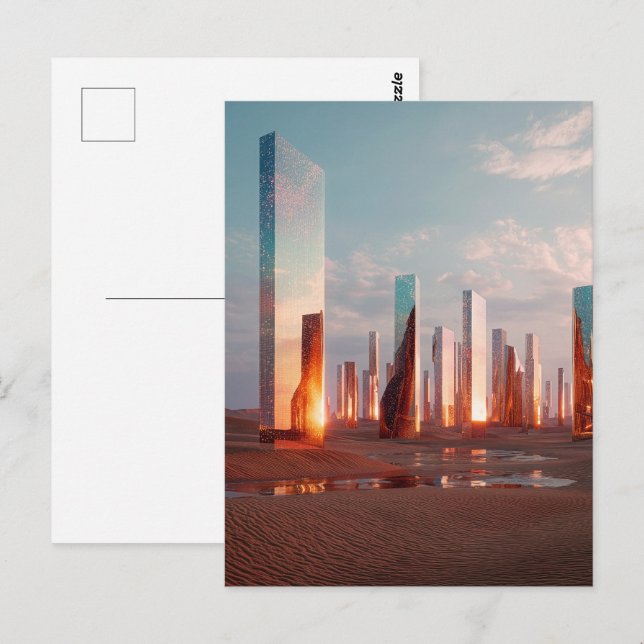 Futuristic Surreal Mirror Towers In Desert Postcard (Front/Back)