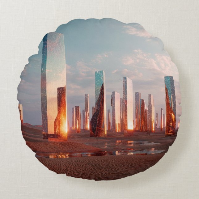 Futuristic Surreal Mirror Towers In Desert Round Cushion (Front)