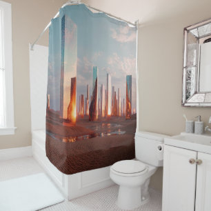 Futuristic Surreal Mirror Towers In Desert Shower Curtain