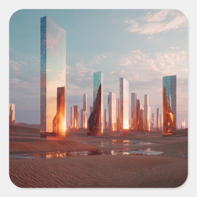 Futuristic Surreal Mirror Towers In Desert Square Sticker (Front)