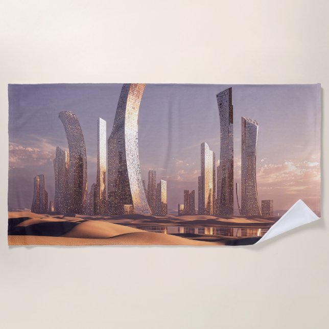 Futuristic Surreal Skyscrapers In Desert Landscape Beach Towel (Front)