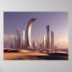 Futuristic Surreal Skyscrapers In Desert Landscape Poster