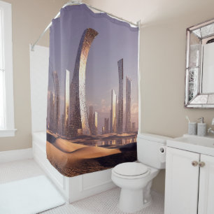 Futuristic Surreal Skyscrapers In Desert Landscape Shower Curtain