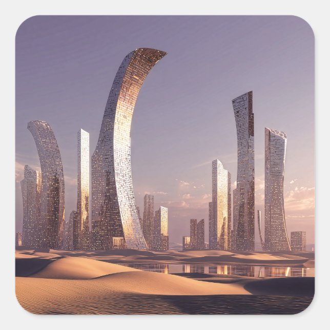 Futuristic Surreal Skyscrapers In Desert Landscape Square Sticker (Front)