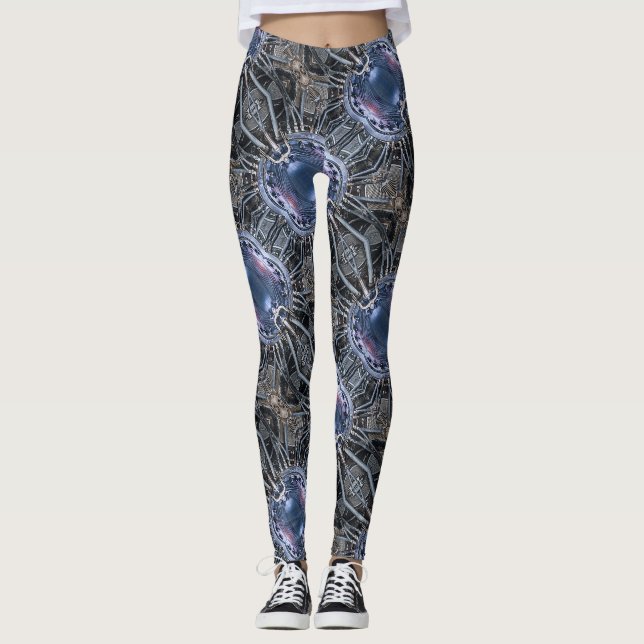 Futuristic tech collage motif pattern leggings (Front)