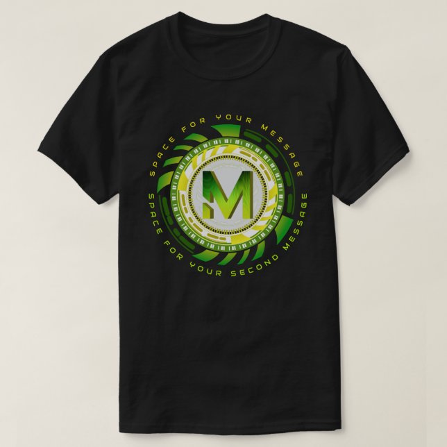 Futuristic Tech Letter M Typography Custom Text T-Shirt (Design Front)