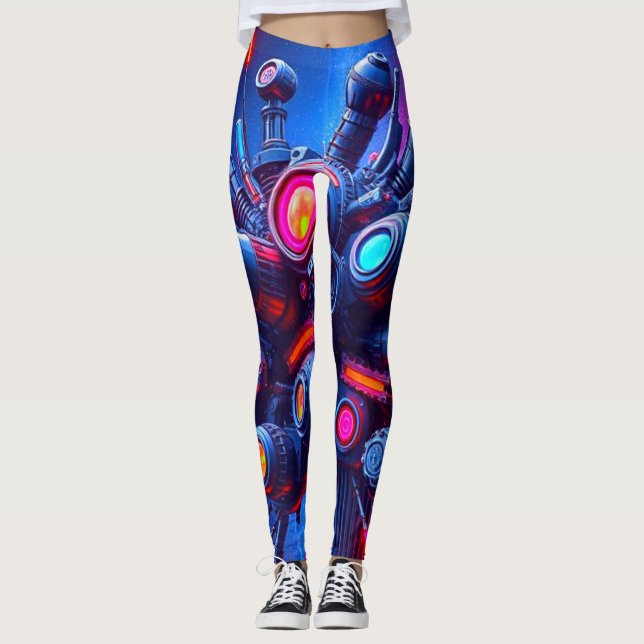 Futuristic Tech Orb Leggings | Neon Cyberpunk Vibe (Front)