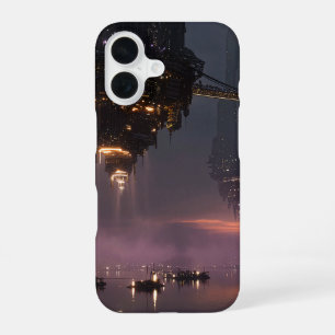 Futuristic towers floating above harbor iPhone 16 case