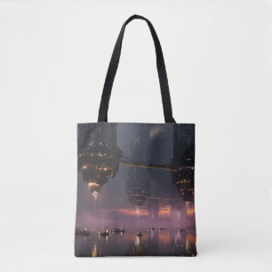 Futuristic towers floating above harbor tote bag