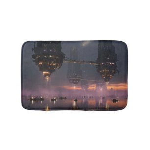 Futuristic towers floating above harbour bath mat