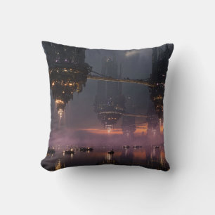 Futuristic towers floating above harbour cushion