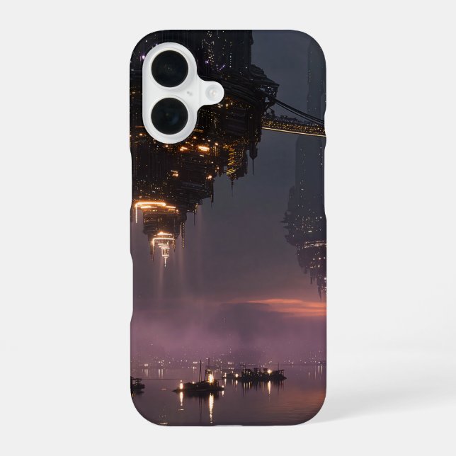 Futuristic towers floating above harbour iPhone 16 case (Back)
