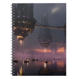 Futuristic towers floating above harbour notebook