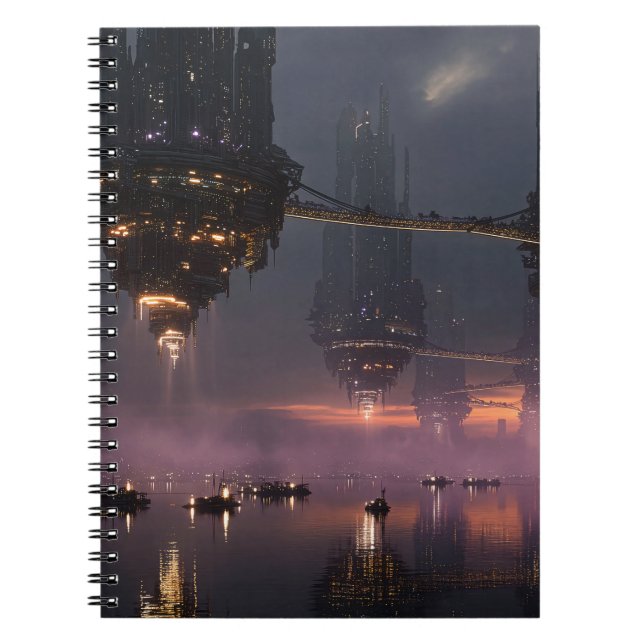 Futuristic towers floating above harbour notebook (Front)