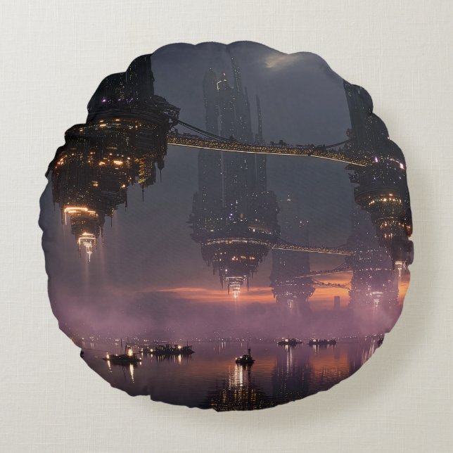 Futuristic towers floating above harbour round cushion (Front)