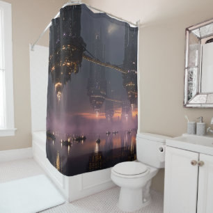 Futuristic towers floating above harbour shower curtain