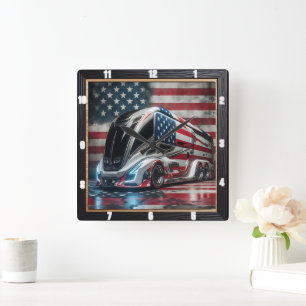Futuristic Truck Patriotic American Flag Square Wall Clock