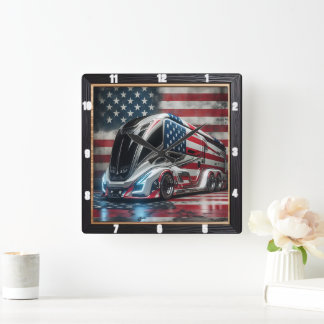 Futuristic Truck Patriotic American Flag Square Wall Clock