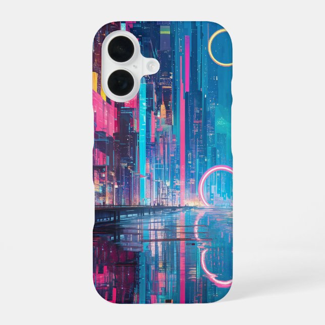 Futuristic Vibrant Neon Night Cityscape iPhone 16 Case (Back)