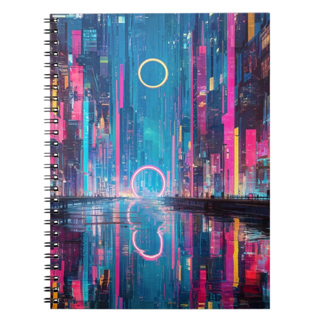 Futuristic Vibrant Neon Night Cityscape Notebook (Front)