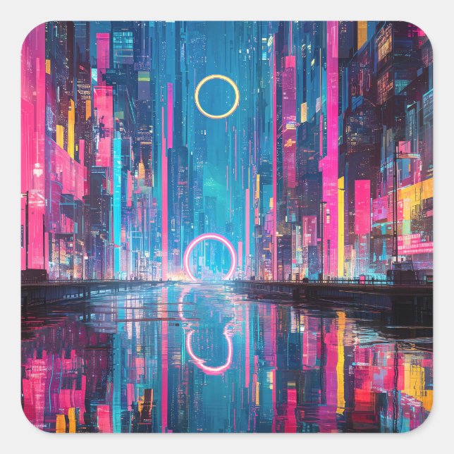 Futuristic Vibrant Neon Night Cityscape Square Sticker (Front)