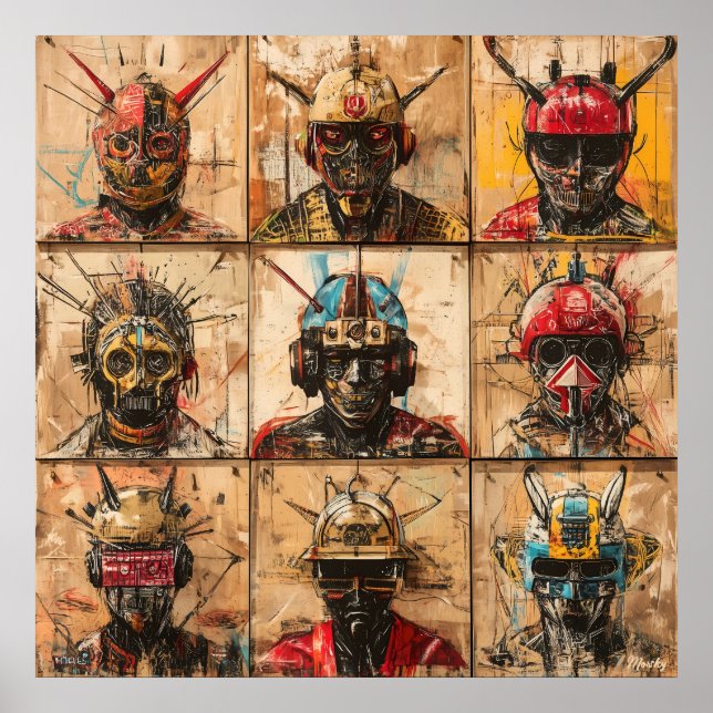 Futuristic Warrior Masks in Graffiti Abstract grid Poster (Front)