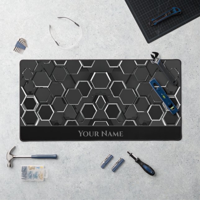 Futuristic white glowing black hexagonal shapes desk mat (Workstation)