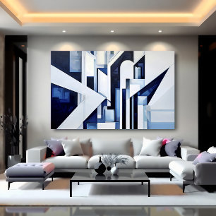 Futuristic White Navy Blue Abstract Geometric Poster