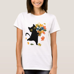fuuny black Cat Leaf Fall Hello Autumn T-Shirt
