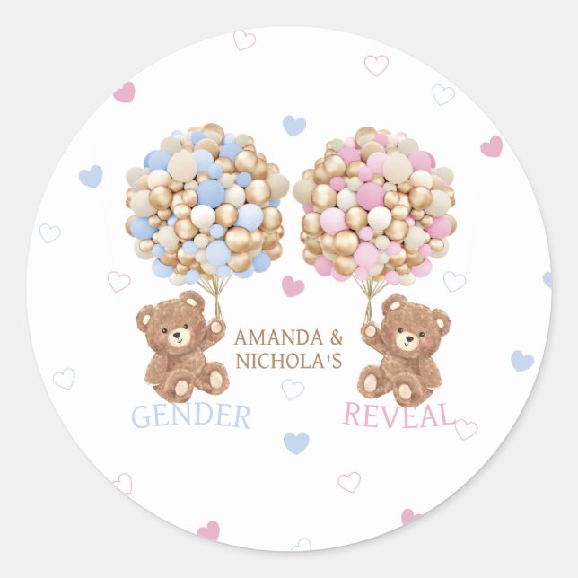 Fuzzy Bears Hearts & Balloons Gender Reveal Classic Round Sticker (Front)