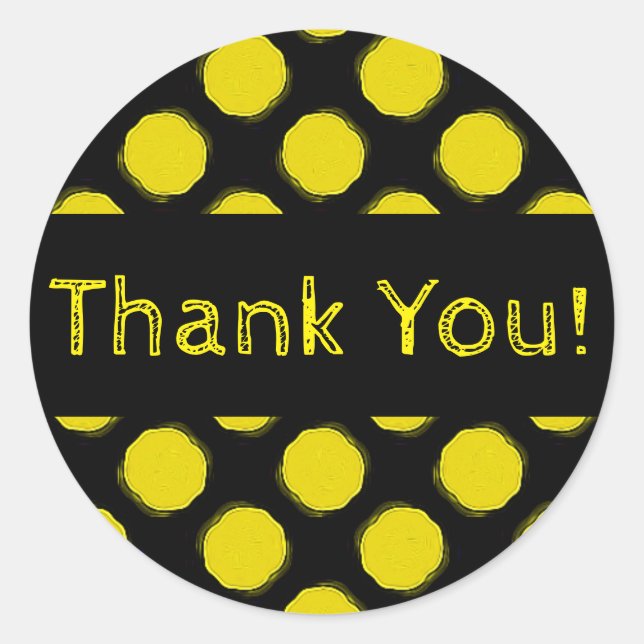 Fuzzy Bright Yellow and Black Polka Dots Thank You Classic Round Sticker (Front)