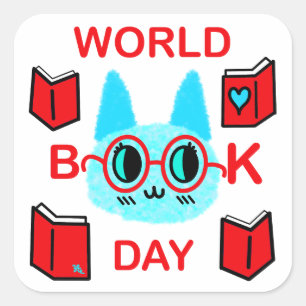 Fuzzy Cat World Book Day Square Sticker