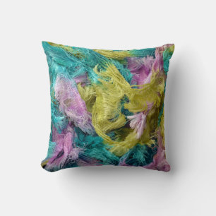 Fuzzy colourful strings of yarn print throw cushion