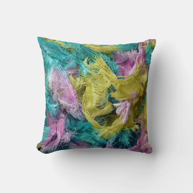 Fuzzy colourful strings of yarn print throw cushion (Front)