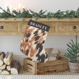 Fuzzy Cowhide Pattern   Monogram Small Christmas Stocking