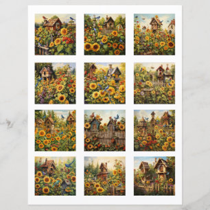 Fuzzy cut Sunflowers and Bird Houses Garden 1