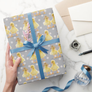 Fuzzy Duckling Couple On Polka Dots Wrapping Paper