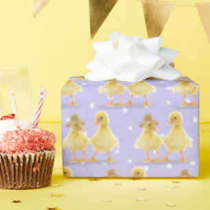 Fuzzy Duckling Couple On Polka Dots Wrapping Paper
