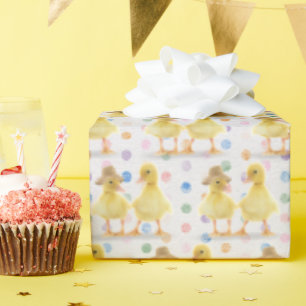 Fuzzy Duckling Couple On Polka Dots Wrapping Paper