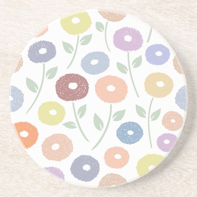 Fuzzy Flower Lg Pattern Pastels on White Coaster (Front)