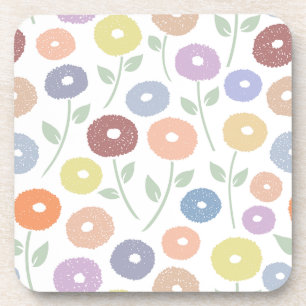 Fuzzy Flower Lg Pattern Pastels on White Coaster